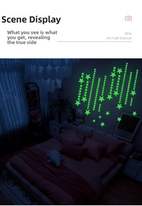 Luminous star wall stickers glowing green in a dark bedroom setting for DIY home decor