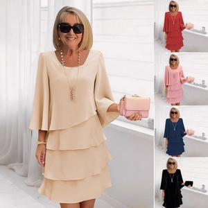 Elegant tiered layered chiffon dress with flare sleeves and round neck in five colors