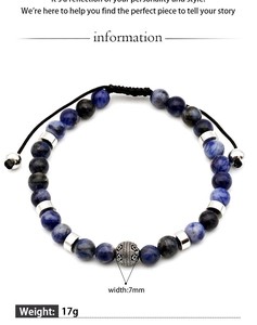Detail of 7mm blue agate beads with silver textured sphere on adjustable cord