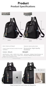 Size chart showing large and small black nylon backpacks with specific dimensions and internal structure