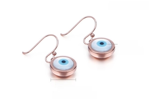 Close-up of rose gold evil eye earrings with cat's eye stone and 13mm stainless steel hook
