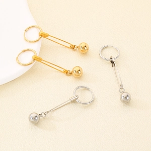 Minimalist geometric safety pin earrings with polished metal bead dangles in gold and silver