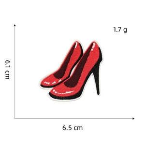 Detail view of red high heel embroidered patch with precise size and weight measurements