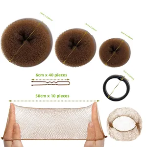 Brown hair styling set showing sponge buns, hairpins, elastics, and invisible hairnets