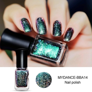 Macro detail of MYDANCE chameleon nail polish showing multi-color glitter and shiny effect