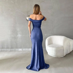Elegant off-shoulder blue sequin fishtail evening gown with slim fit silhouette back view