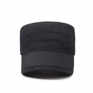 Quick-dry black flat top military cap with breathable mesh sides and Sports embroidery