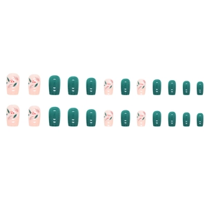 Emerald green and leaf pattern medium square press-on nail set with 24 pieces