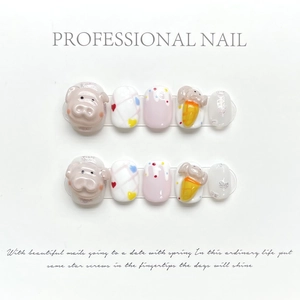 Handmade Press On Nails Resin Cute Pink Pig Carrot Relief 3D Design Sweet Japanese Style Manicure Art For Women