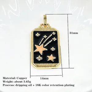 18K gold plated copper tarot necklace pendant with black enamel shooting star design