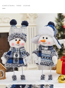 Detail of Christmas snowman plush figurines with blue plaid outfits and metal legs