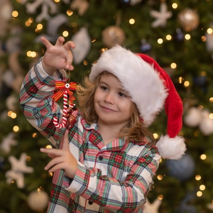 Christmas tree candy cane ornament with a cute brown reindeer and red bow decoration
