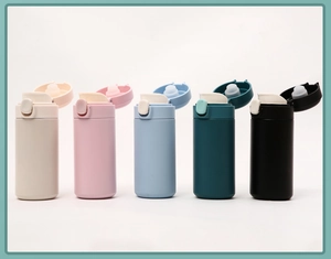 Detailed view of matte stainless steel thermal bottles with open lids in five soft colors