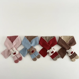 Winter knit baby scarf set with cute 3D cartoon animal patches in four soft colors