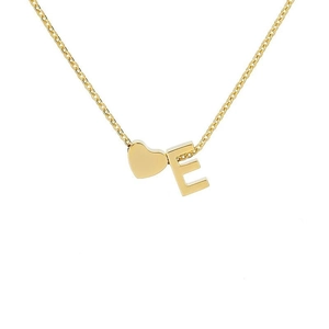 Detailed view of 18k gold plated heart pendant with letter E on a minimalist chain
