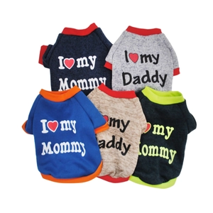 Detail of multi-color fleece dog sweatshirts with I love my Mommy and Daddy prints