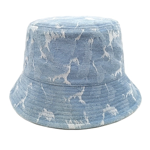 Vintage light blue washed denim bucket hat with white distressed jacquard pattern