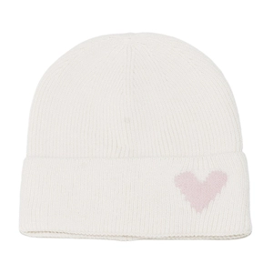 Detailed view of white ribbed knit beanie featuring a pink heart embroidery