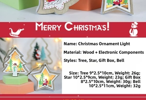 Detail of wooden Christmas tree hanging ornament with warm glowing LED lights and snowman