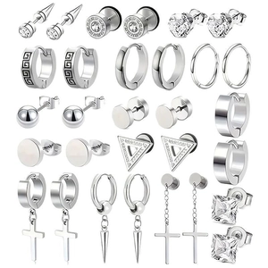 Polished silver stainless steel earring set featuring cross and geometric stud designs