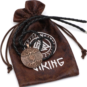 Viking Tree of Life double-sided metal pendant necklace with black leather cord and pouch