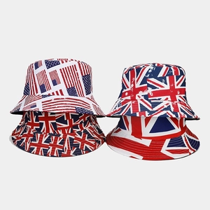 Detail view of reversible bucket hats with vintage US and UK flag print patterns