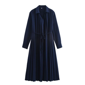 Women Elegant Long Sleeve Pleated Maxi Dress Satin French Style Shirt Collar Belted Solid Color Navy Blue