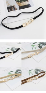 Detailed views of elastic thin waist belts with gold horseshoe buckles in four colors