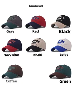 Detail view of eight multi-color cotton baseball caps with Boston embroidery options