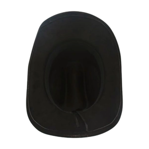 Interior view of black felt cowboy hat showing adjustable inner band and stitching detail