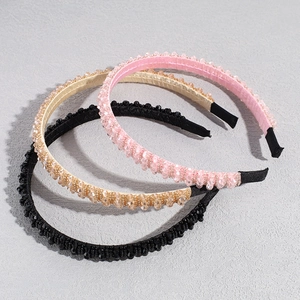 Three-piece colorful crystal beaded headbands in pink, champagne gold, and black finishes