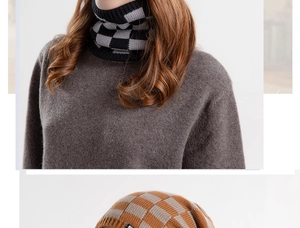 Vertical split view of checkered knit beanie and matching neck gaiter on a model