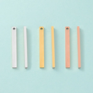 Mirror polished stainless steel rectangular bar charms in silver, gold, and rose gold finishes