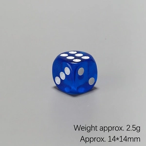Close-up of a 14mm translucent blue resin die weighing 2.5g with white pips