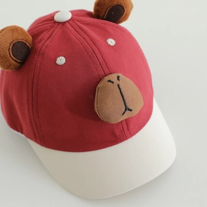 Cute red and white Capybara baby baseball cap with plush ears for kids aged 1-4