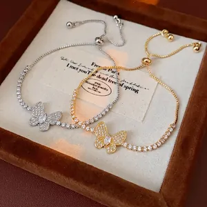 Adjustable zircon butterfly tennis bracelets in gold and silver finish with velvet box