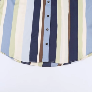 Chic vertical striped satin texture button-up shirt with curved hem for a casual style