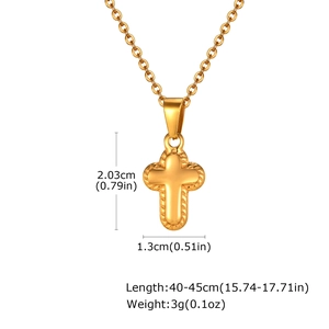 Detailed specs for gold cross pendant necklace showing dimensions 2.03x1.3cm and 45cm chain