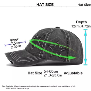 Size chart for adjustable baseball cap with 54-60cm circumference and 7.5cm visor length