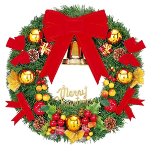Close-up of Christmas wreath sticker with Merry Christmas text, gold bells and red bow