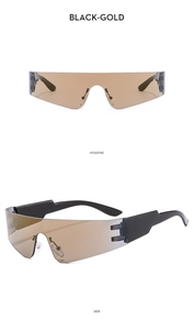 Detail view of Y2K rimless sunglasses in black and gold showing front and side angles