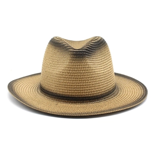 British style gradient brown straw fedora hat for sun protection and outdoor travel