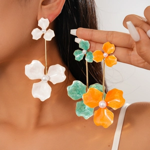 Flower Drop Earrings With Enamel Imitation Artificial Pearl Bohemian Vintage Style For Women With 925 Sterling Silver Earring Post