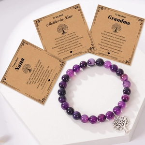 Pink zebra stone bracelet with tree of life charm and personalized gift cards for grandma