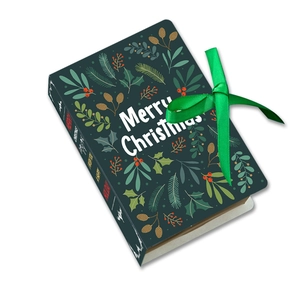Detail view of a green Christmas magic book gift box with pine prints and silk ribbon