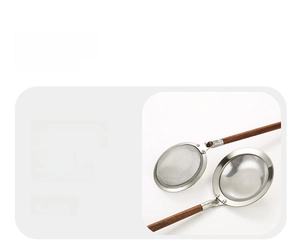 Macro view of fine stainless steel mesh strainer with walnut wood handle for cooking