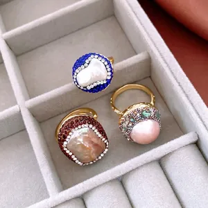 French vintage 18k gold plated pearl rings set with colorful shell and crystal inlays