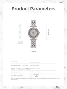 Detailed size chart for rhinestone fashion watch with shell dial measurements