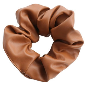 French style brown PU leather scrunchie with soft pleated texture and waterproof finish