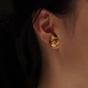 Minimalist gold titanium steel round stud earrings with textured ripple design for women